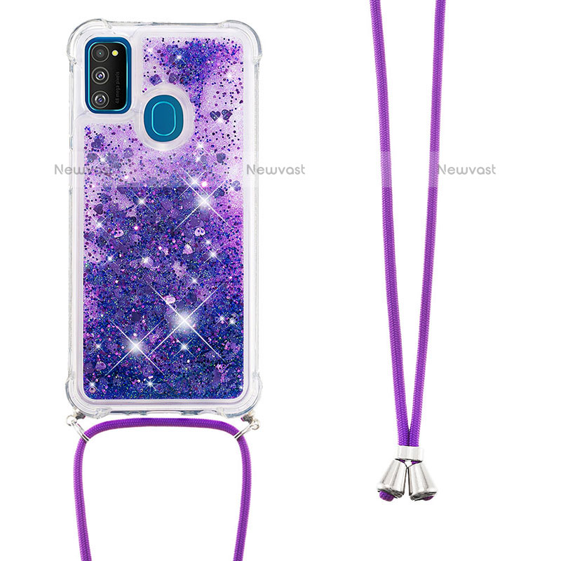 Silicone Candy Rubber TPU Bling-Bling Soft Case Cover with Lanyard Strap S03 for Samsung Galaxy M21 Purple