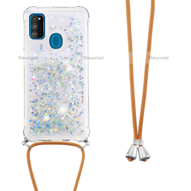 Silicone Candy Rubber TPU Bling-Bling Soft Case Cover with Lanyard Strap S03 for Samsung Galaxy M21 Silver