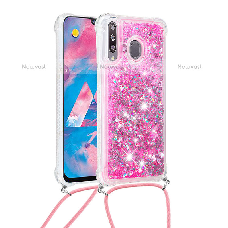 Silicone Candy Rubber TPU Bling-Bling Soft Case Cover with Lanyard Strap S03 for Samsung Galaxy M30 Hot Pink