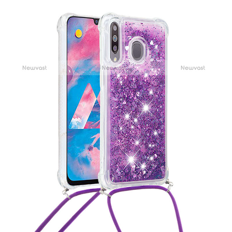 Silicone Candy Rubber TPU Bling-Bling Soft Case Cover with Lanyard Strap S03 for Samsung Galaxy M30 Purple