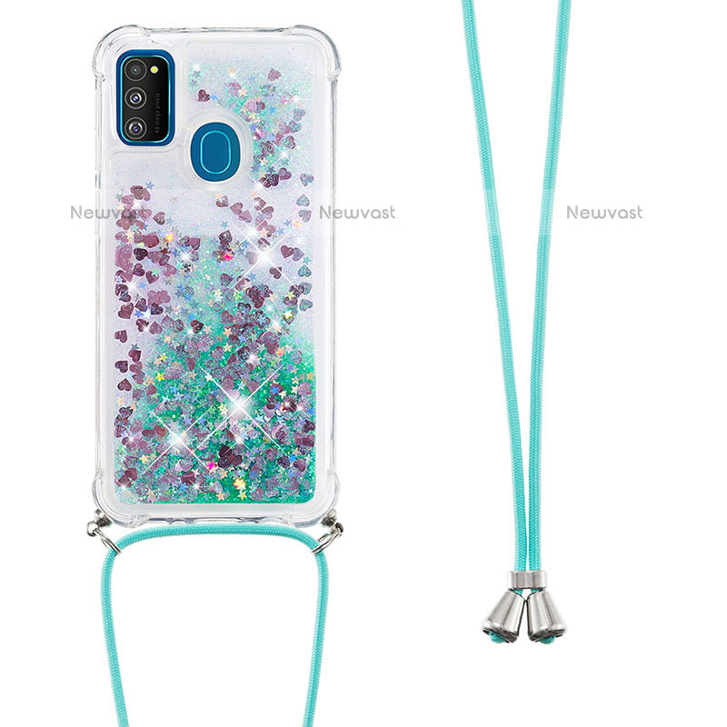 Silicone Candy Rubber TPU Bling-Bling Soft Case Cover with Lanyard Strap S03 for Samsung Galaxy M30s Green