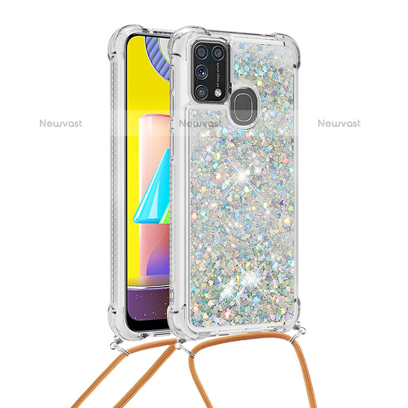 Silicone Candy Rubber TPU Bling-Bling Soft Case Cover with Lanyard Strap S03 for Samsung Galaxy M31 Silver