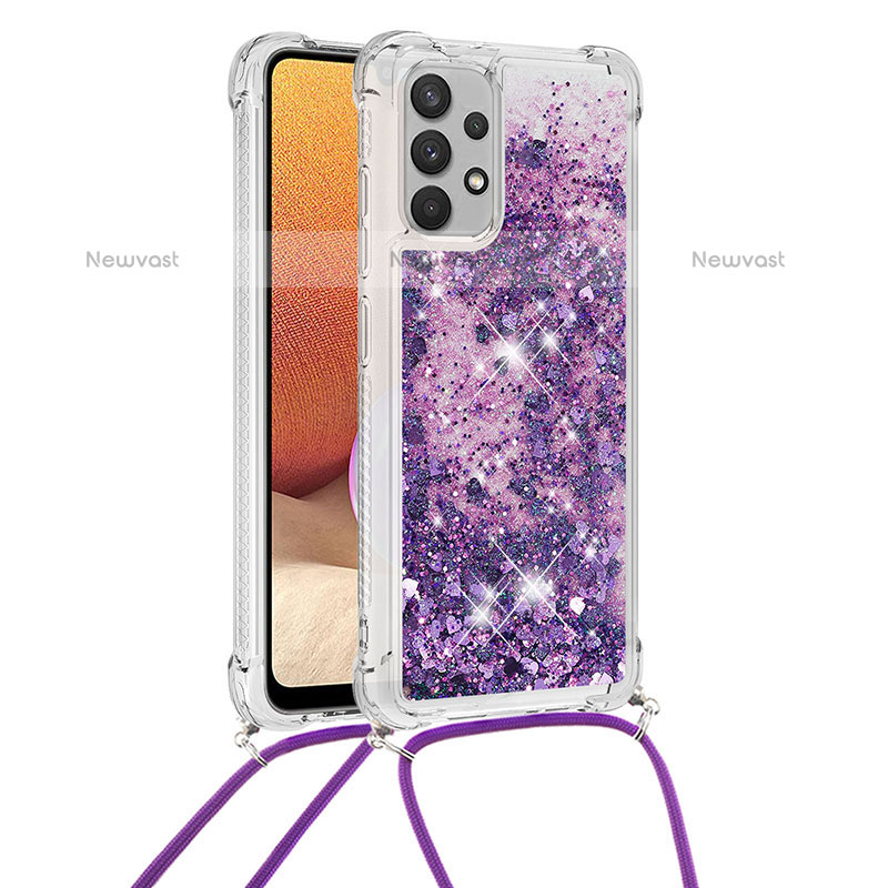 Silicone Candy Rubber TPU Bling-Bling Soft Case Cover with Lanyard Strap S03 for Samsung Galaxy M32 5G Purple