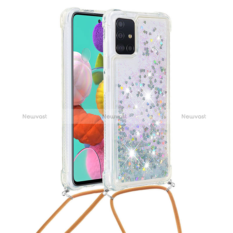 Silicone Candy Rubber TPU Bling-Bling Soft Case Cover with Lanyard Strap S03 for Samsung Galaxy M40S Silver