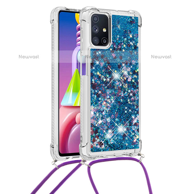 Silicone Candy Rubber TPU Bling-Bling Soft Case Cover with Lanyard Strap S03 for Samsung Galaxy M51 Blue