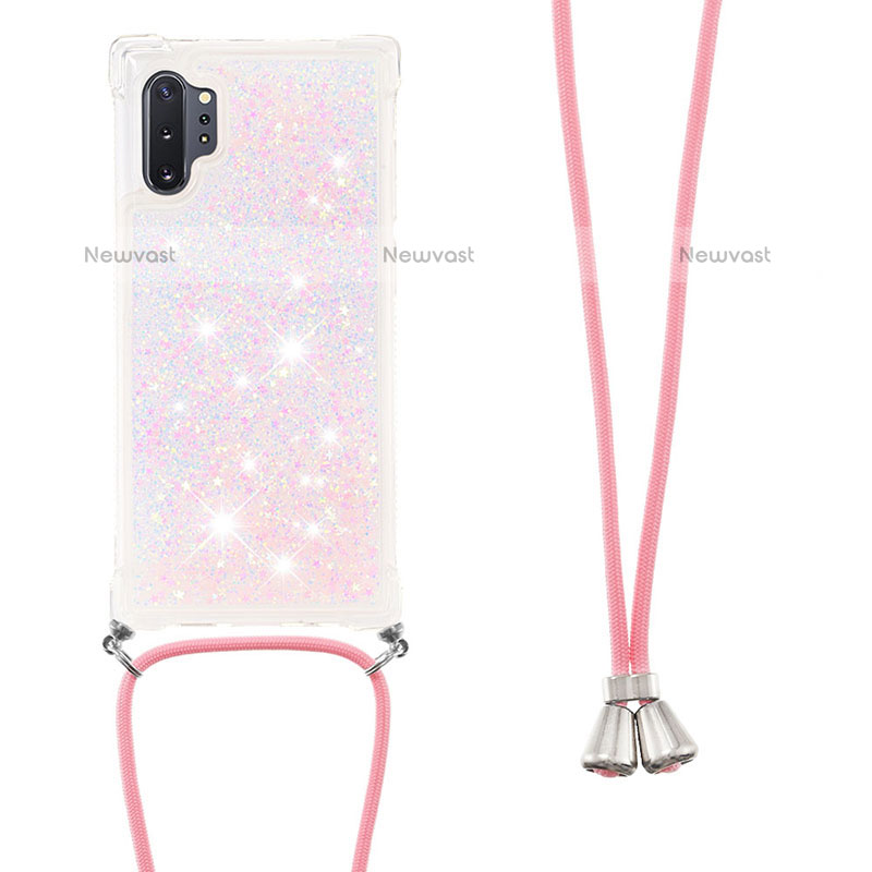 Silicone Candy Rubber TPU Bling-Bling Soft Case Cover with Lanyard Strap S03 for Samsung Galaxy Note 10 Plus 5G Pink