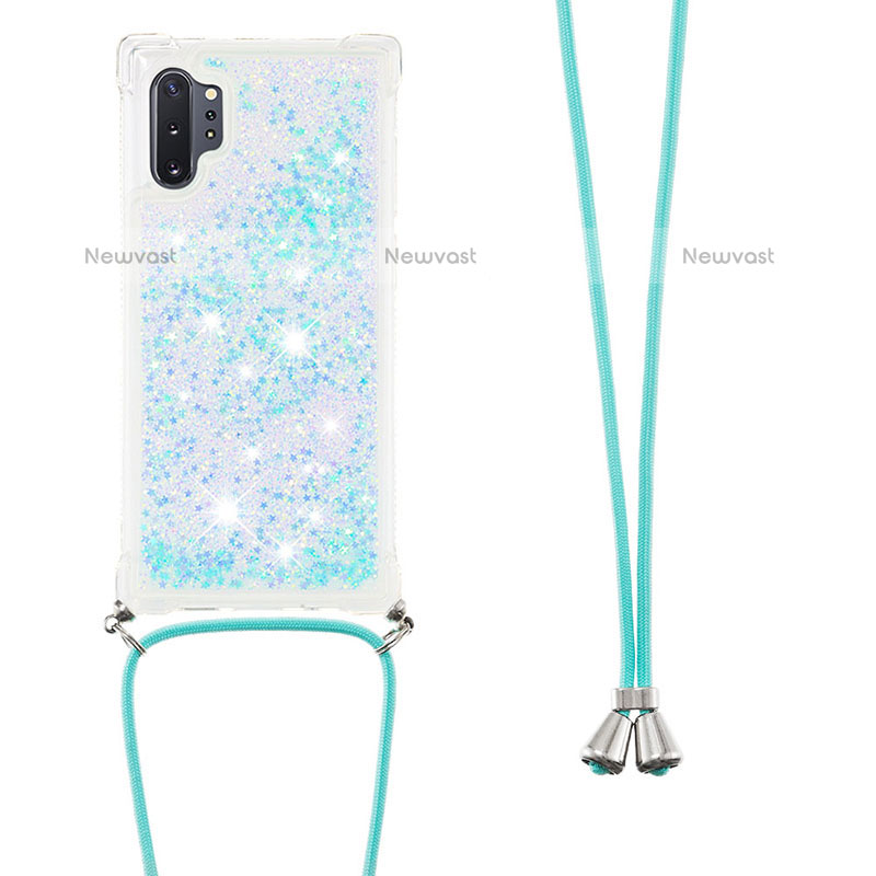 Silicone Candy Rubber TPU Bling-Bling Soft Case Cover with Lanyard Strap S03 for Samsung Galaxy Note 10 Plus 5G Sky Blue