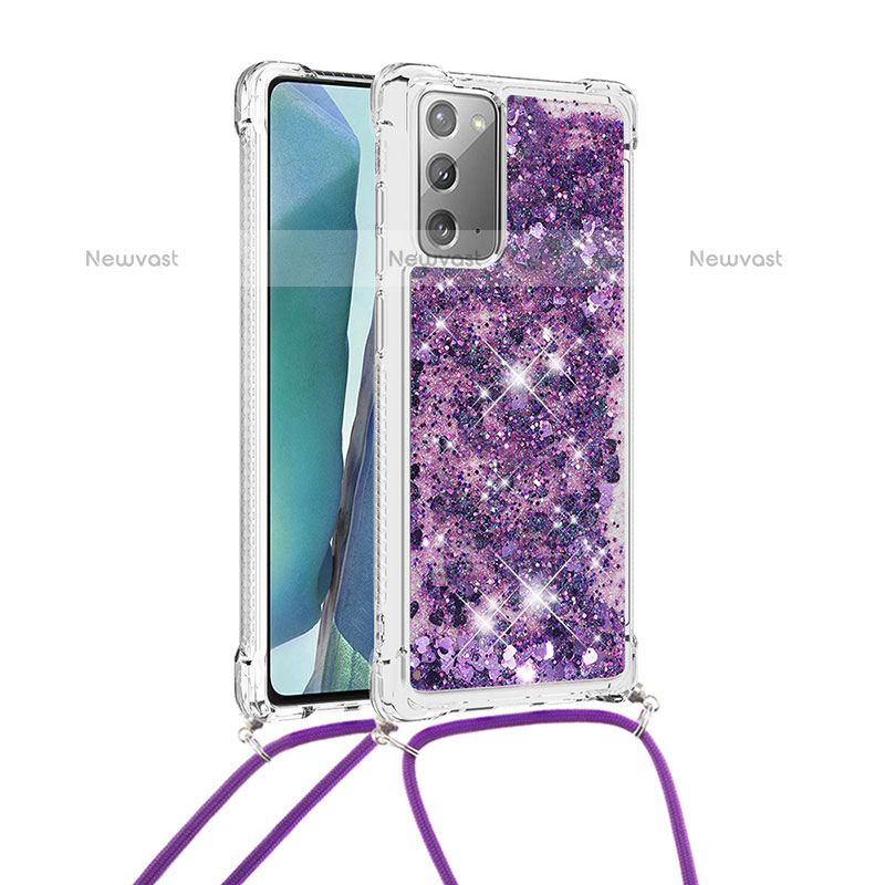 Silicone Candy Rubber TPU Bling-Bling Soft Case Cover with Lanyard Strap S03 for Samsung Galaxy Note 20 5G Purple