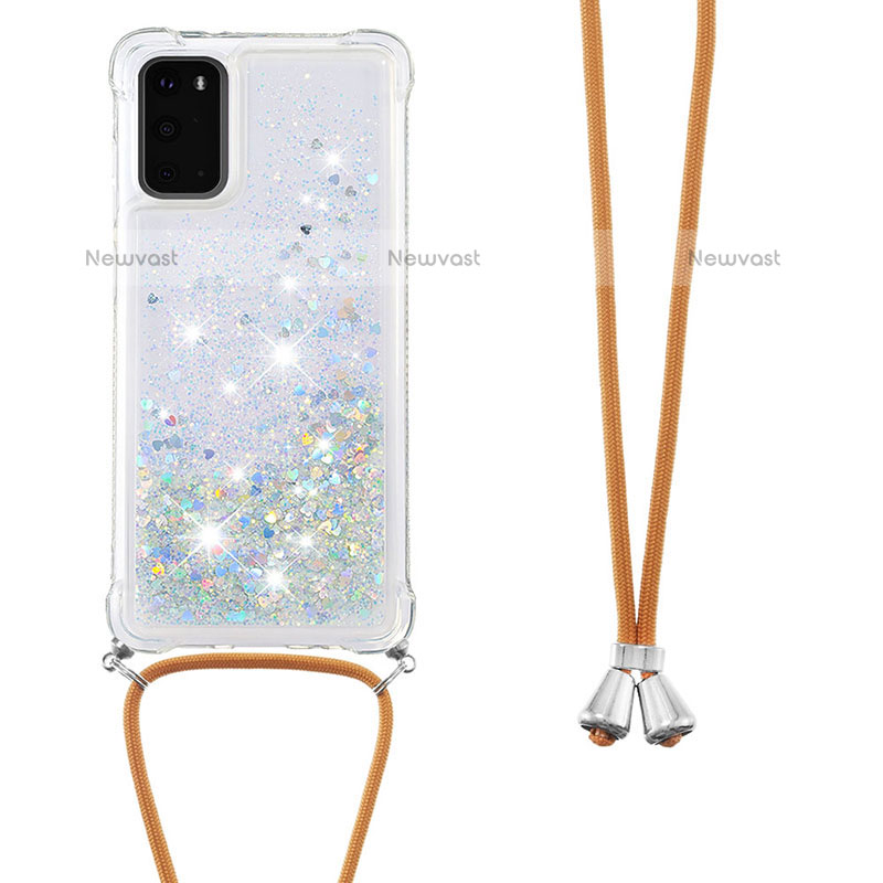 Silicone Candy Rubber TPU Bling-Bling Soft Case Cover with Lanyard Strap S03 for Samsung Galaxy S20 5G Silver