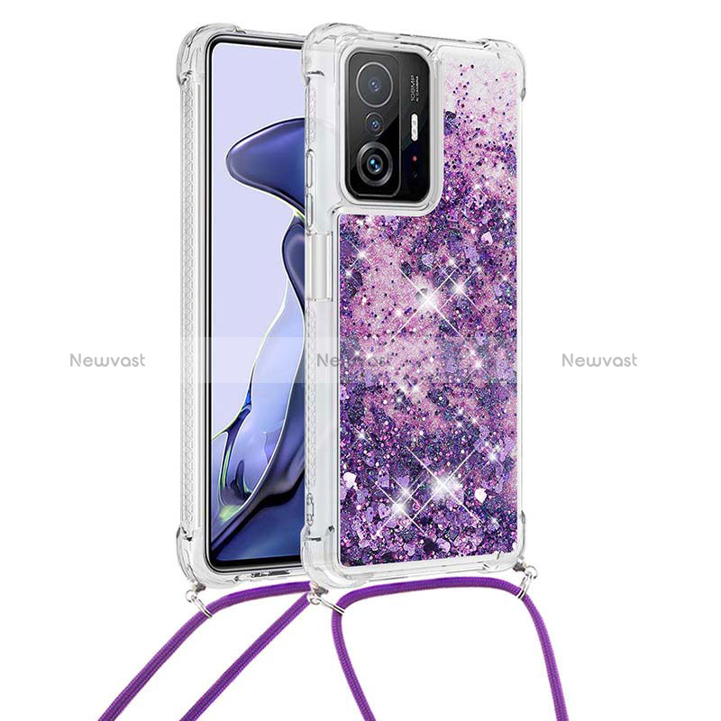 Silicone Candy Rubber TPU Bling-Bling Soft Case Cover with Lanyard Strap S03 for Xiaomi Mi 11T 5G Purple