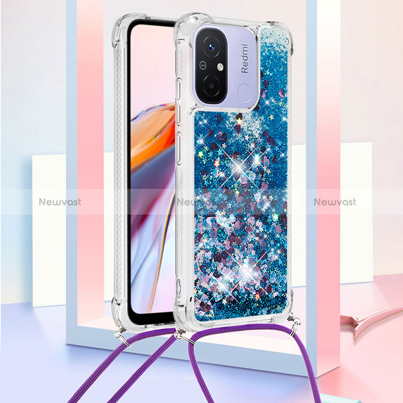 Silicone Candy Rubber TPU Bling-Bling Soft Case Cover with Lanyard Strap S03 for Xiaomi Poco C55 Blue
