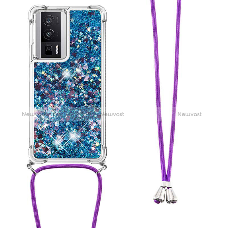 Silicone Candy Rubber TPU Bling-Bling Soft Case Cover with Lanyard Strap S03 for Xiaomi Poco F5 Pro 5G Blue