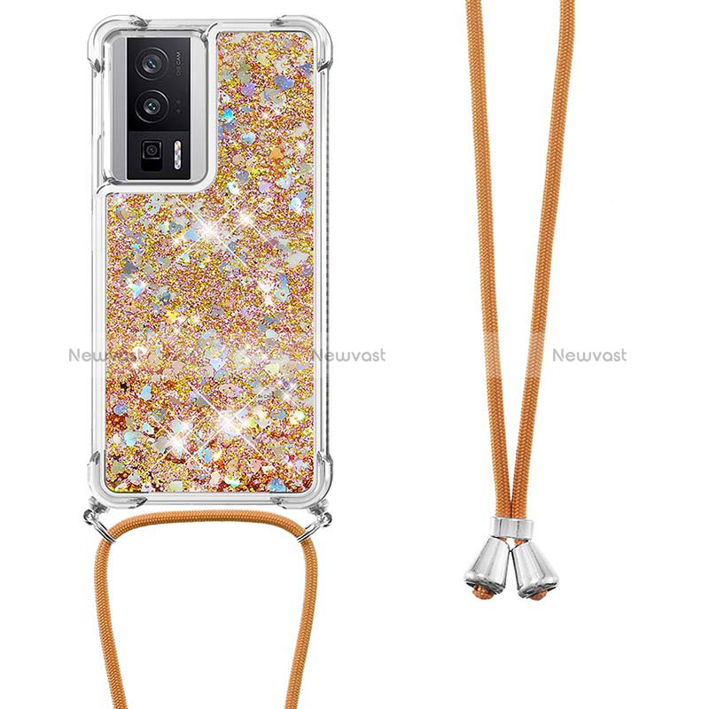 Silicone Candy Rubber TPU Bling-Bling Soft Case Cover with Lanyard Strap S03 for Xiaomi Poco F5 Pro 5G Gold