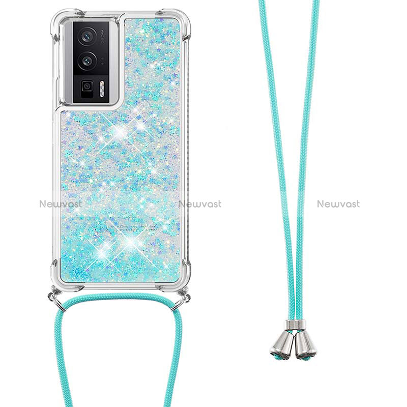 Silicone Candy Rubber TPU Bling-Bling Soft Case Cover with Lanyard Strap S03 for Xiaomi Poco F5 Pro 5G Sky Blue