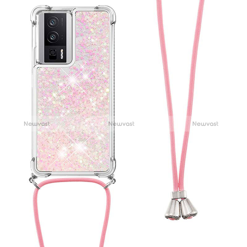 Silicone Candy Rubber TPU Bling-Bling Soft Case Cover with Lanyard Strap S03 for Xiaomi Redmi K60 5G Rose Gold