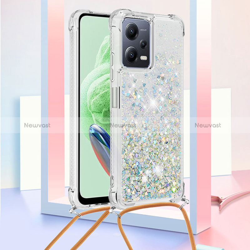 Silicone Candy Rubber TPU Bling-Bling Soft Case Cover with Lanyard Strap S03 for Xiaomi Redmi Note 12 5G Mint Blue