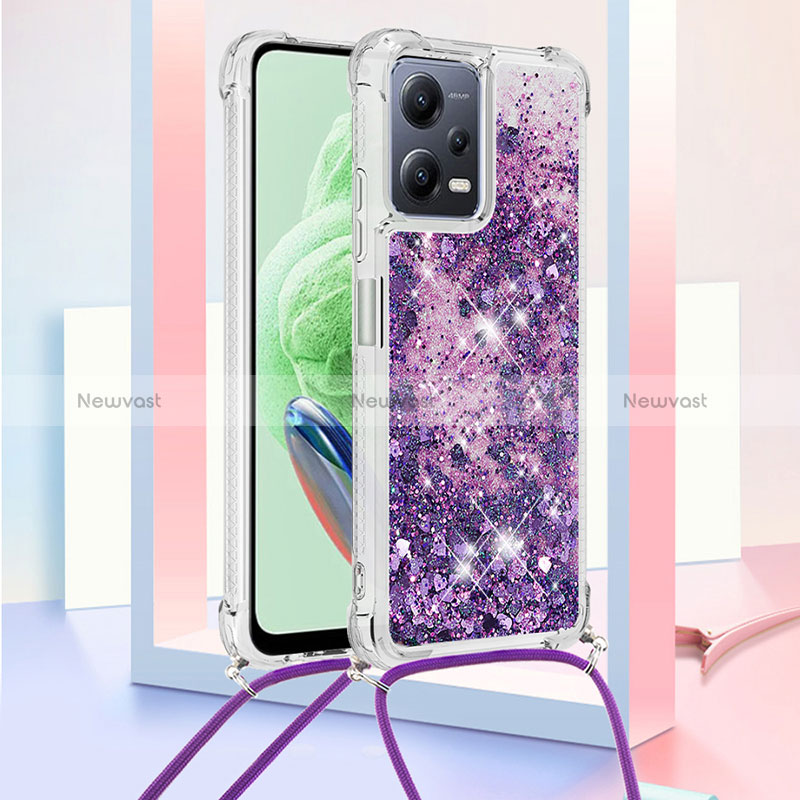Silicone Candy Rubber TPU Bling-Bling Soft Case Cover with Lanyard Strap S03 for Xiaomi Redmi Note 12 5G Purple