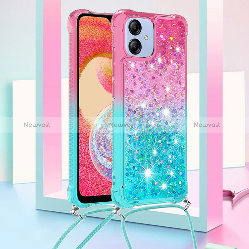 Silicone Candy Rubber TPU Bling-Bling Soft Case Cover with Lanyard Strap YB1 for Samsung Galaxy F04 Pink