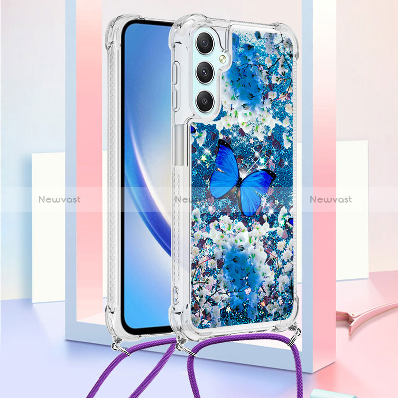 Silicone Candy Rubber TPU Bling-Bling Soft Case Cover with Lanyard Strap YB2 for Samsung Galaxy A24 4G Blue