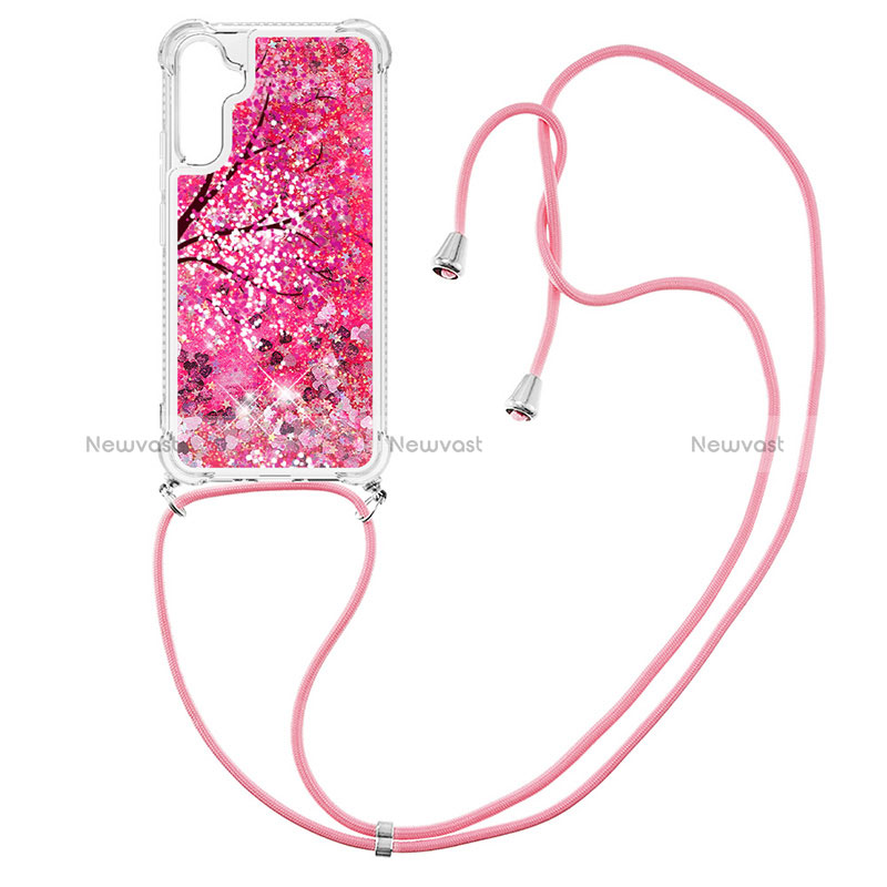 Silicone Candy Rubber TPU Bling-Bling Soft Case Cover with Lanyard Strap YB2 for Samsung Galaxy A34 5G Hot Pink