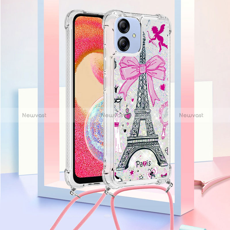 Silicone Candy Rubber TPU Bling-Bling Soft Case Cover with Lanyard Strap YB2 for Samsung Galaxy F04 Rose Gold