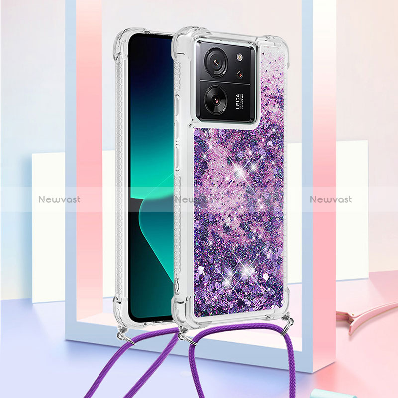 Silicone Candy Rubber TPU Bling-Bling Soft Case Cover with Lanyard Strap YB2 for Xiaomi Mi 13T 5G Purple