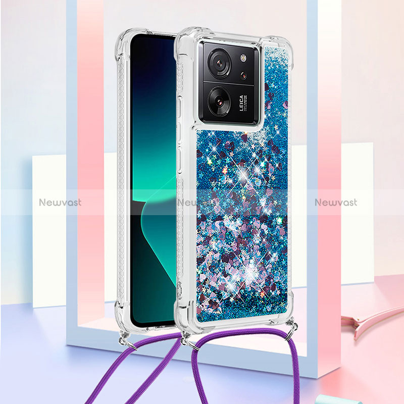 Silicone Candy Rubber TPU Bling-Bling Soft Case Cover with Lanyard Strap YB2 for Xiaomi Mi 13T Pro 5G Blue