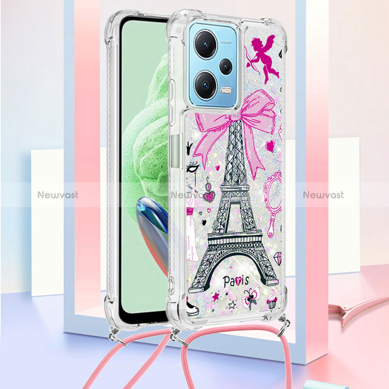 Silicone Candy Rubber TPU Bling-Bling Soft Case Cover with Lanyard Strap YB2 for Xiaomi Poco X5 5G Rose Gold