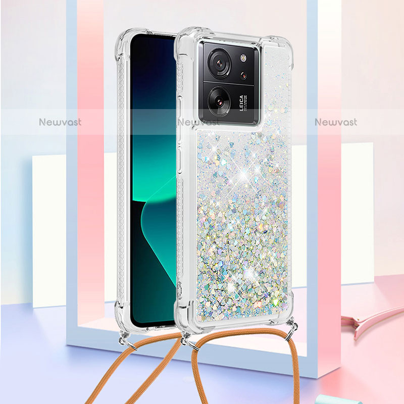 Silicone Candy Rubber TPU Bling-Bling Soft Case Cover with Lanyard Strap YB2 for Xiaomi Redmi K60 Ultra 5G Silver