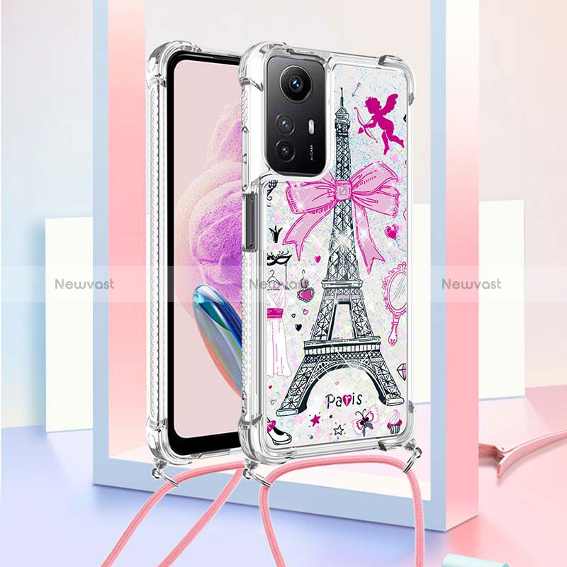 Silicone Candy Rubber TPU Bling-Bling Soft Case Cover with Lanyard Strap YB2 for Xiaomi Redmi Note 12S Pink