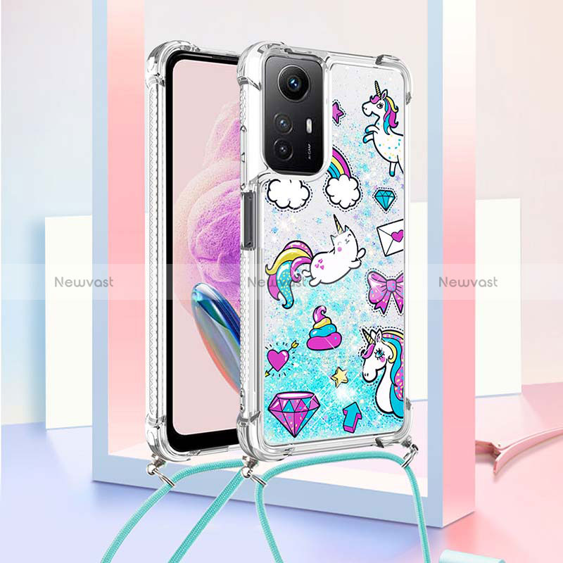 Silicone Candy Rubber TPU Bling-Bling Soft Case Cover with Lanyard Strap YB2 for Xiaomi Redmi Note 12S Sky Blue