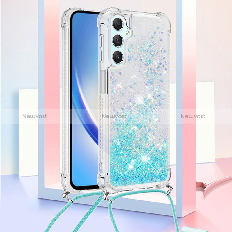 Silicone Candy Rubber TPU Bling-Bling Soft Case Cover with Lanyard Strap YB3 for Samsung Galaxy A24 4G Sky Blue