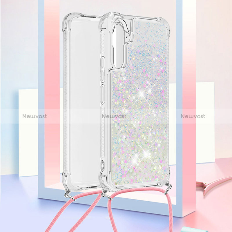 Silicone Candy Rubber TPU Bling-Bling Soft Case Cover with Lanyard Strap YB3 for Samsung Galaxy A34 5G Silver