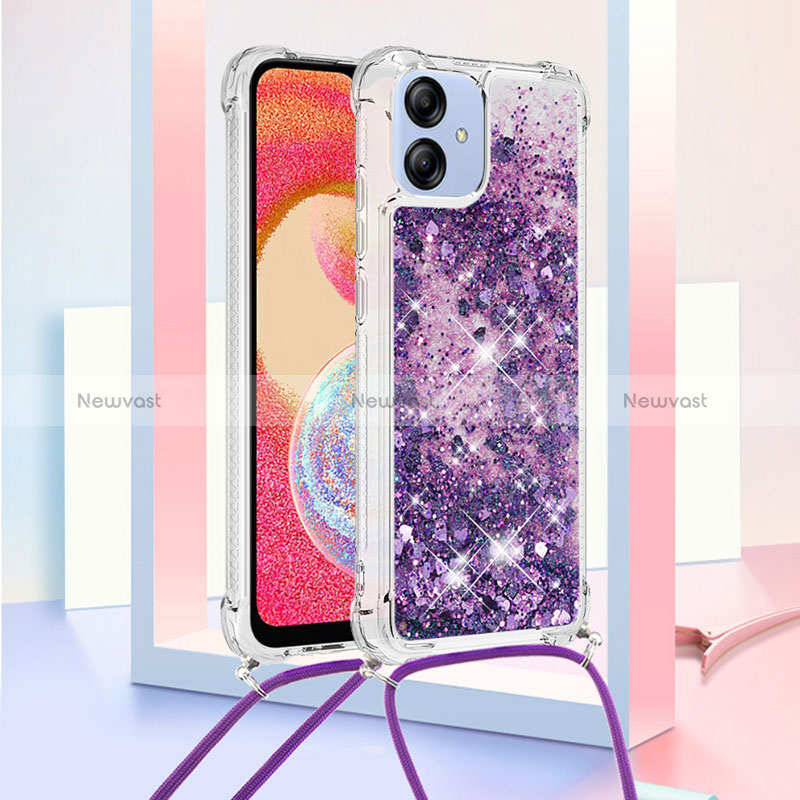 Silicone Candy Rubber TPU Bling-Bling Soft Case Cover with Lanyard Strap YB3 for Samsung Galaxy M04 Purple