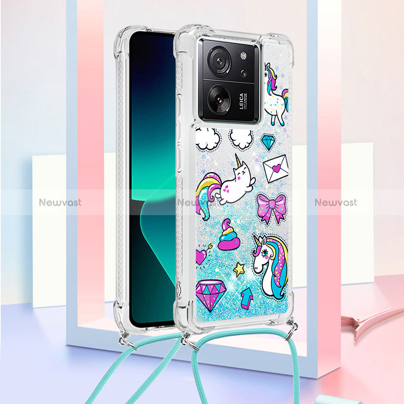 Silicone Candy Rubber TPU Bling-Bling Soft Case Cover with Lanyard Strap YB3 for Xiaomi Mi 13T 5G Sky Blue