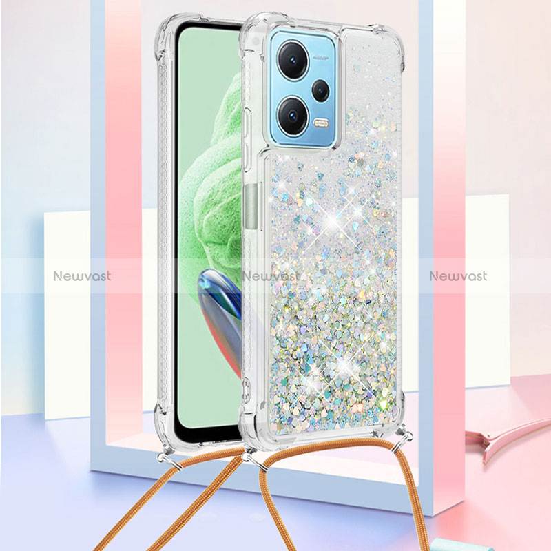 Silicone Candy Rubber TPU Bling-Bling Soft Case Cover with Lanyard Strap YB3 for Xiaomi Redmi Note 12 5G Sky Blue