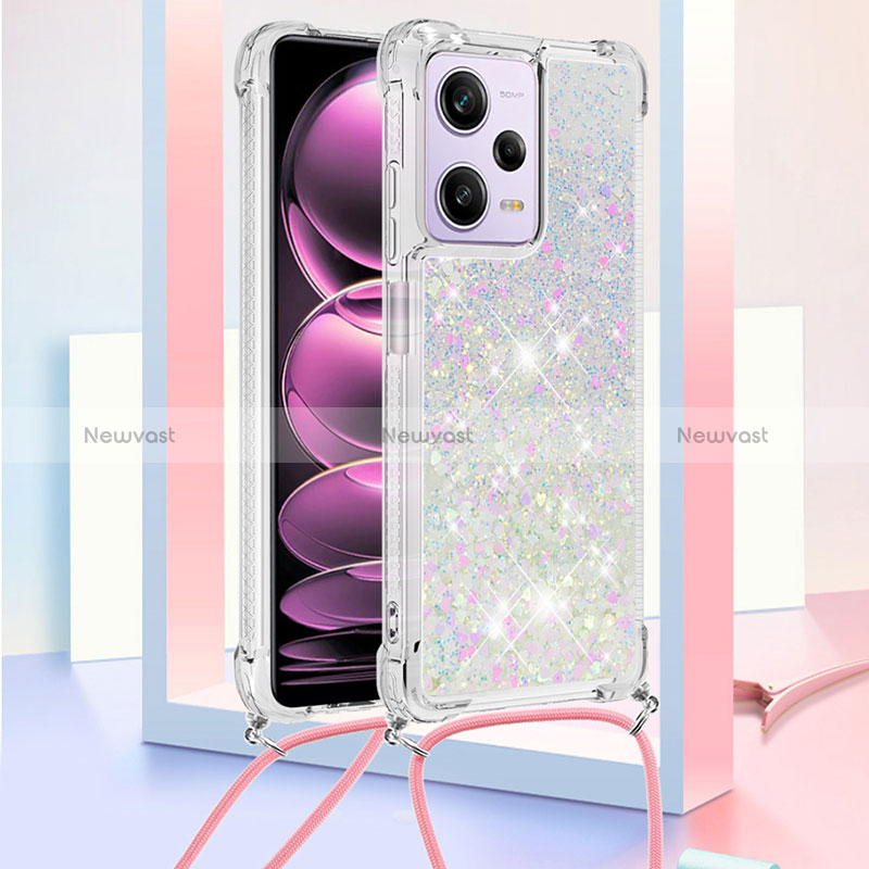 Silicone Candy Rubber TPU Bling-Bling Soft Case Cover with Lanyard Strap YB3 for Xiaomi Redmi Note 12 Pro 5G Silver