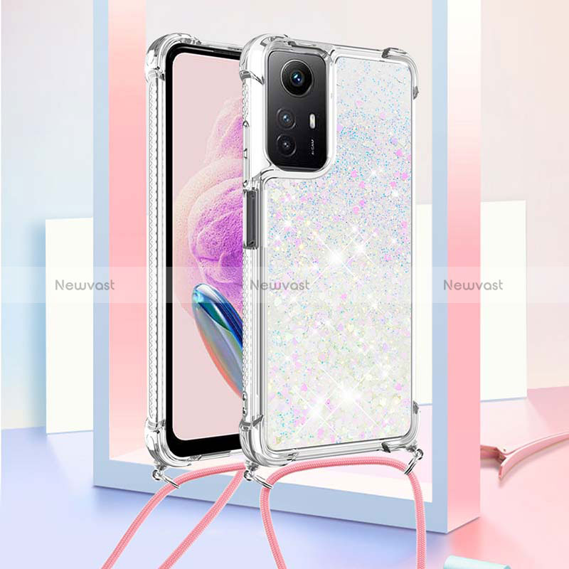 Silicone Candy Rubber TPU Bling-Bling Soft Case Cover with Lanyard Strap YB3 for Xiaomi Redmi Note 12S Silver