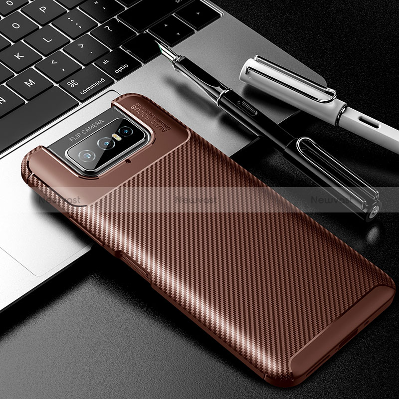 Silicone Candy Rubber TPU Twill Soft Case Cover S01 for Asus Zenfone 7 ZS670KS Brown
