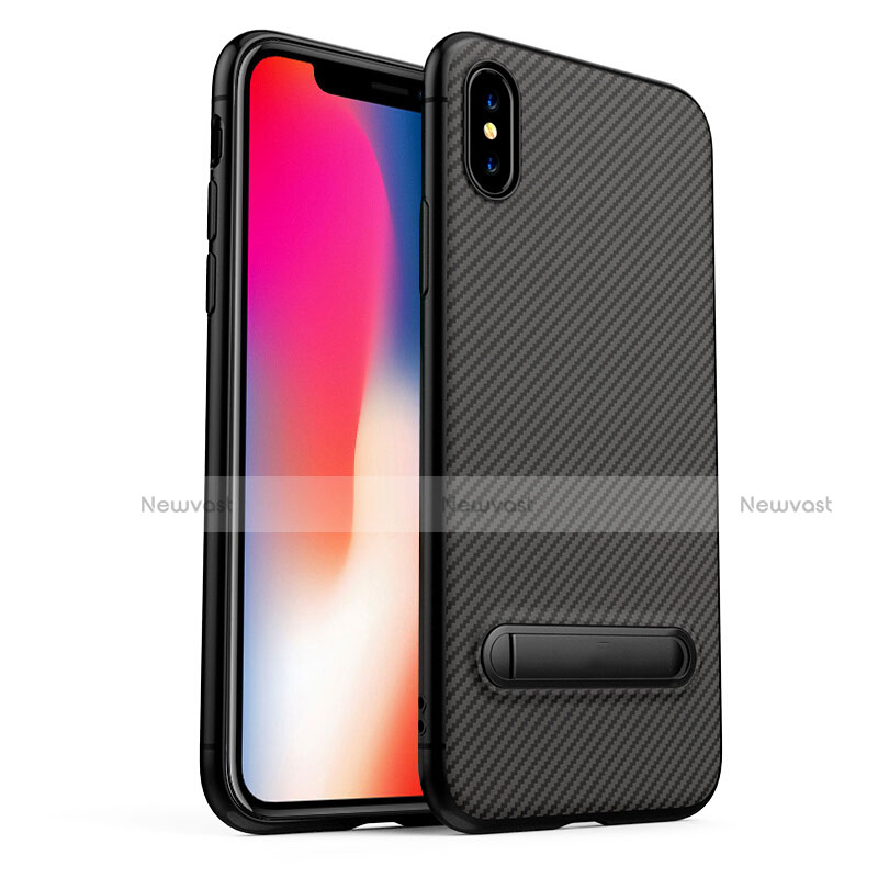 Silicone Candy Rubber TPU Twill Soft Case with Stand for Apple iPhone X Black