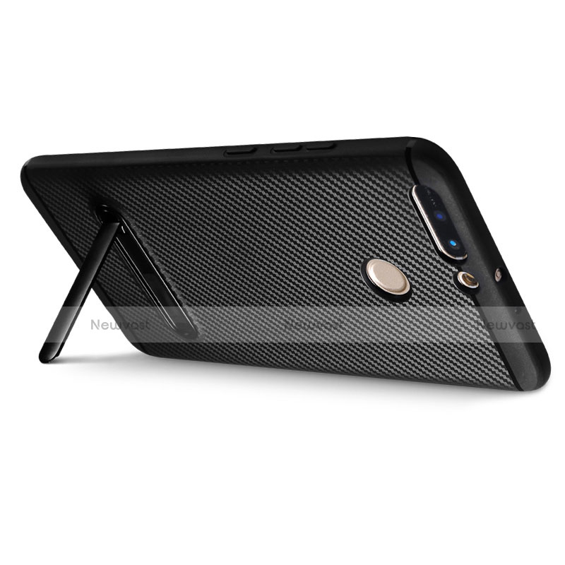 Silicone Candy Rubber TPU Twill Soft Case with Stand for Huawei Honor V9 Black