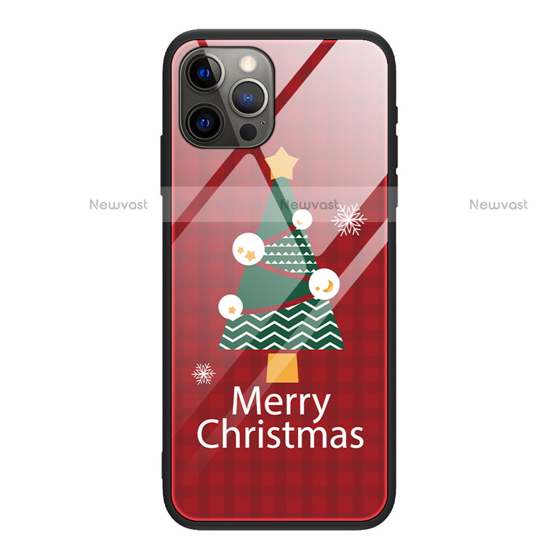 Silicone Frame Christmas Pattern Mirror Case Cover for Apple iPhone 12 Pro Red