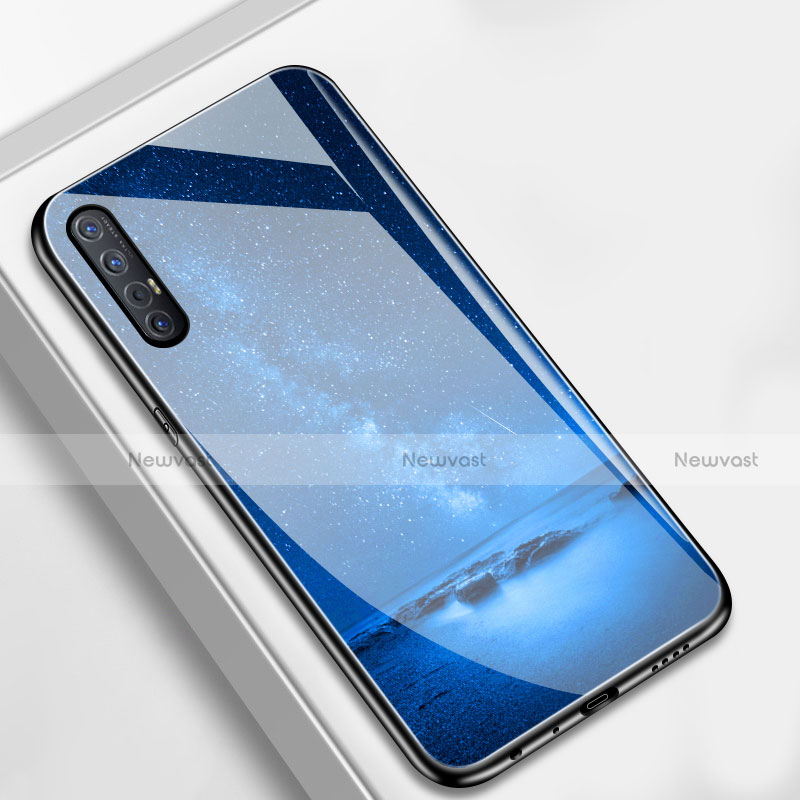 Silicone Frame Fashionable Pattern Mirror Case Cover S02 for Oppo Reno3 Pro Blue