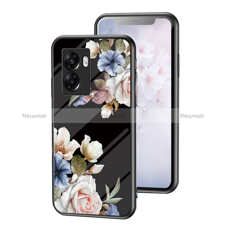 Silicone Frame Flowers Mirror Case Cover for Oppo A57 5G Black
