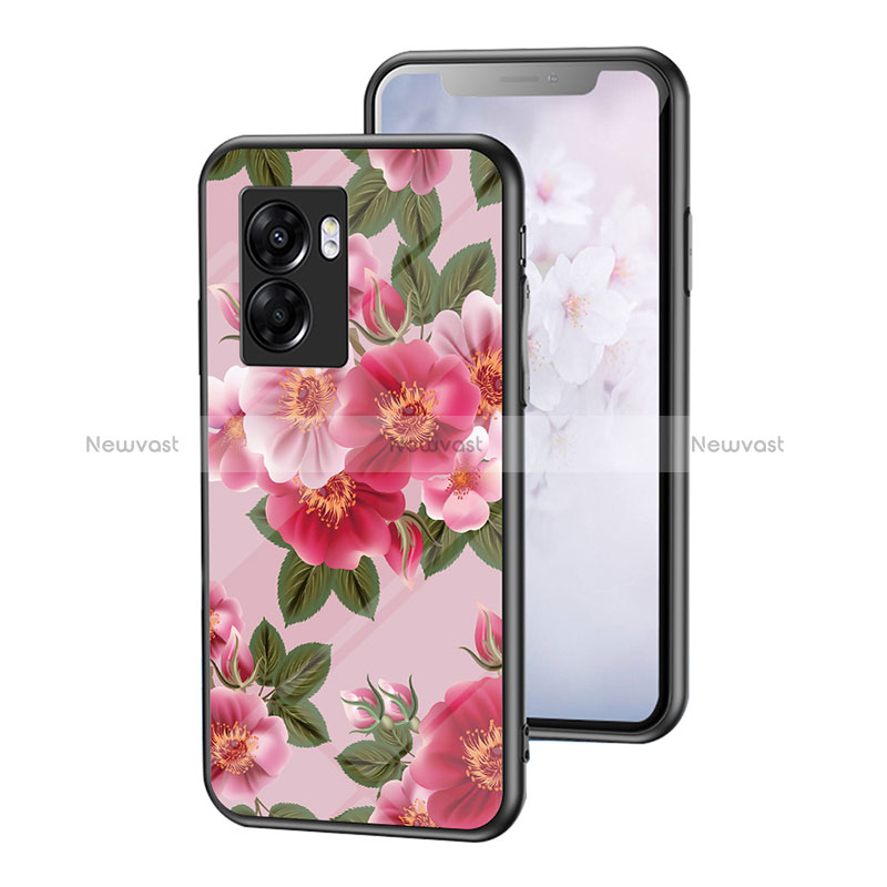 Silicone Frame Flowers Mirror Case Cover for Oppo A57 5G Red