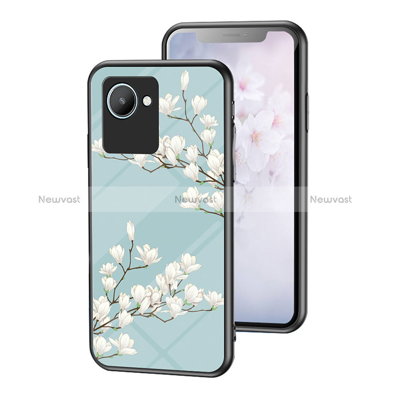 Silicone Frame Flowers Mirror Case Cover for Realme C30 Cyan