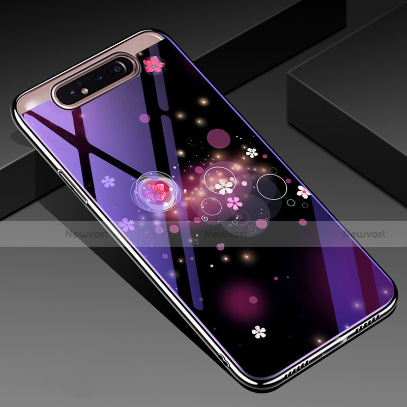 Silicone Frame Flowers Mirror Case Cover for Samsung Galaxy A80 Purple