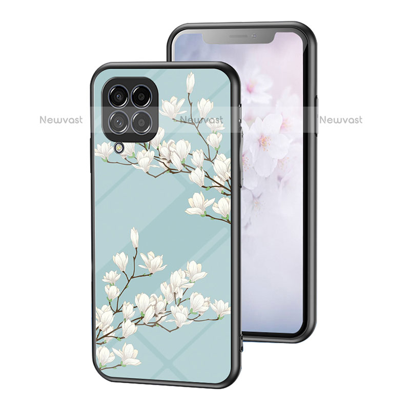 Silicone Frame Flowers Mirror Case Cover for Samsung Galaxy M53 5G Cyan