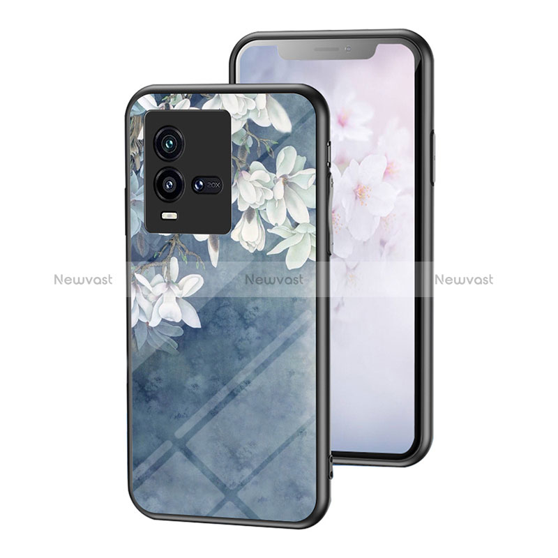 Silicone Frame Flowers Mirror Case Cover for Vivo iQOO 10 5G Blue