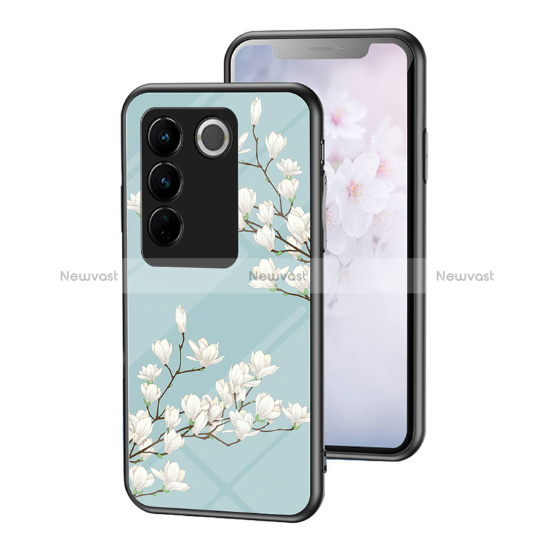 Silicone Frame Flowers Mirror Case Cover for Vivo V27 5G Cyan